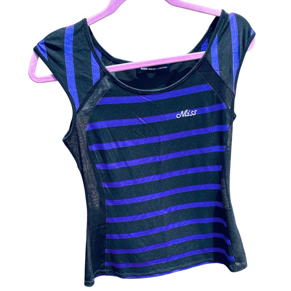 Miss Sixty Women Mesh Tank Holographic ClubKid Purple Stripe Y2K Clubwear XS